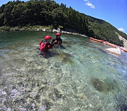 小川の透明な水で遊ぶ